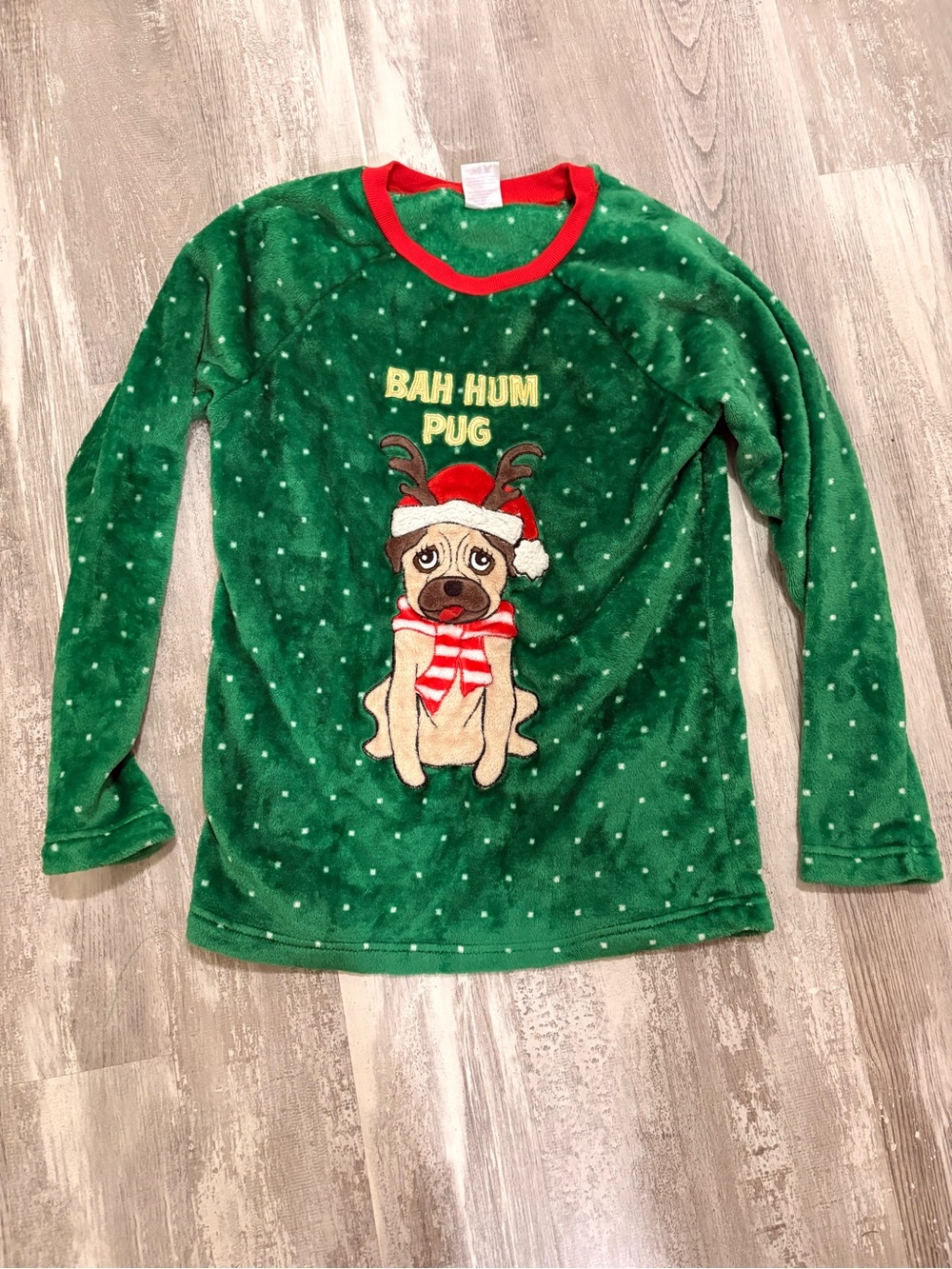 Secret Treasures Green Plush Holiday Top with Red Trim
